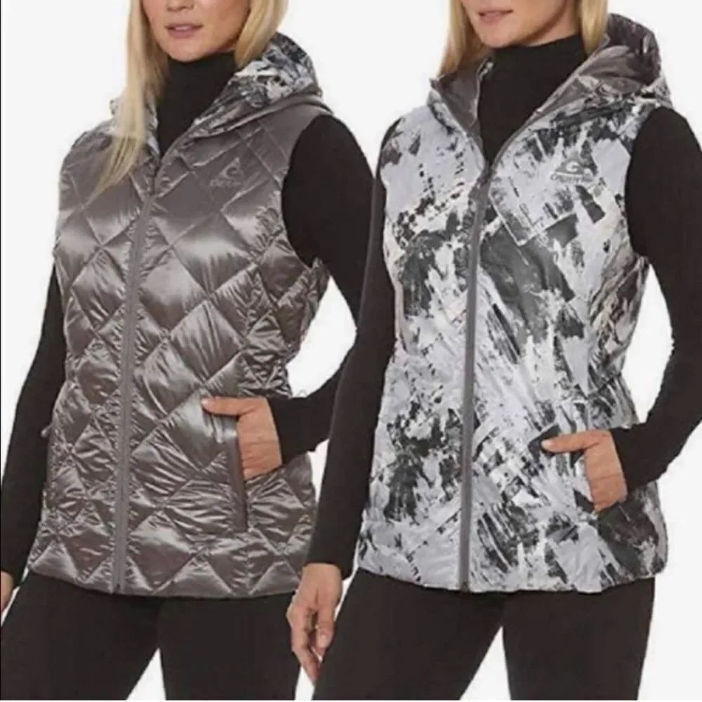 Gerry Sz Sm Gray Camo Reversible Down Carbon Sheen Hooded Packable Puffer Vest